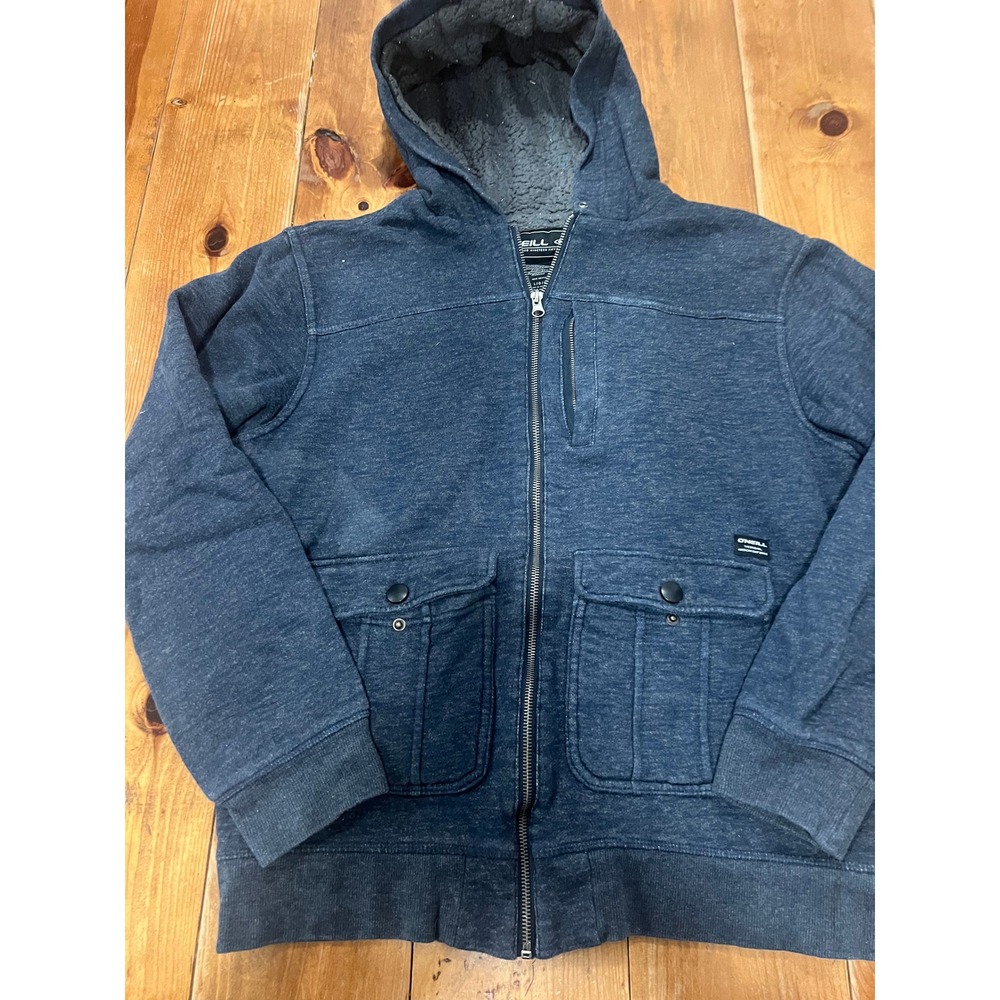 ONeill Mens Full Zip Sherpa Lined Hoodie Navy Blue Cargo Pockets Size Large